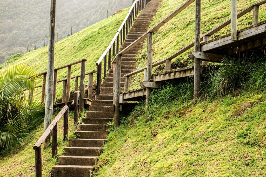 wooden steps leading up and across a grassy hill