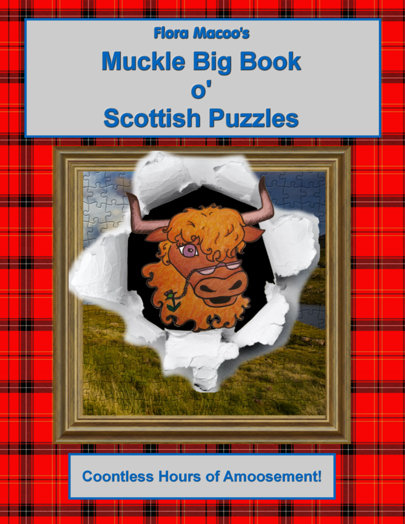 puzzle book with tartan cover and highland cow