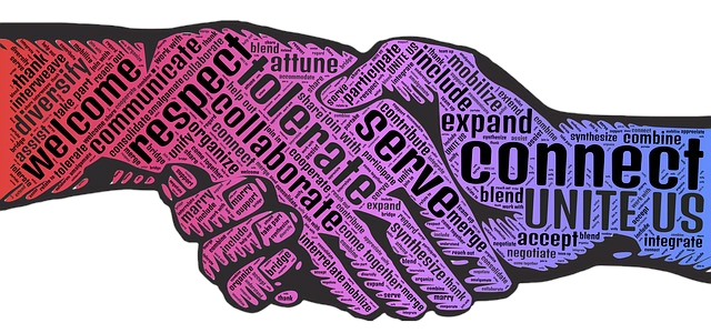 connected hands of friendship illustration with positive words written on them