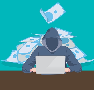faceless charlatan sitting at computer stealing from people