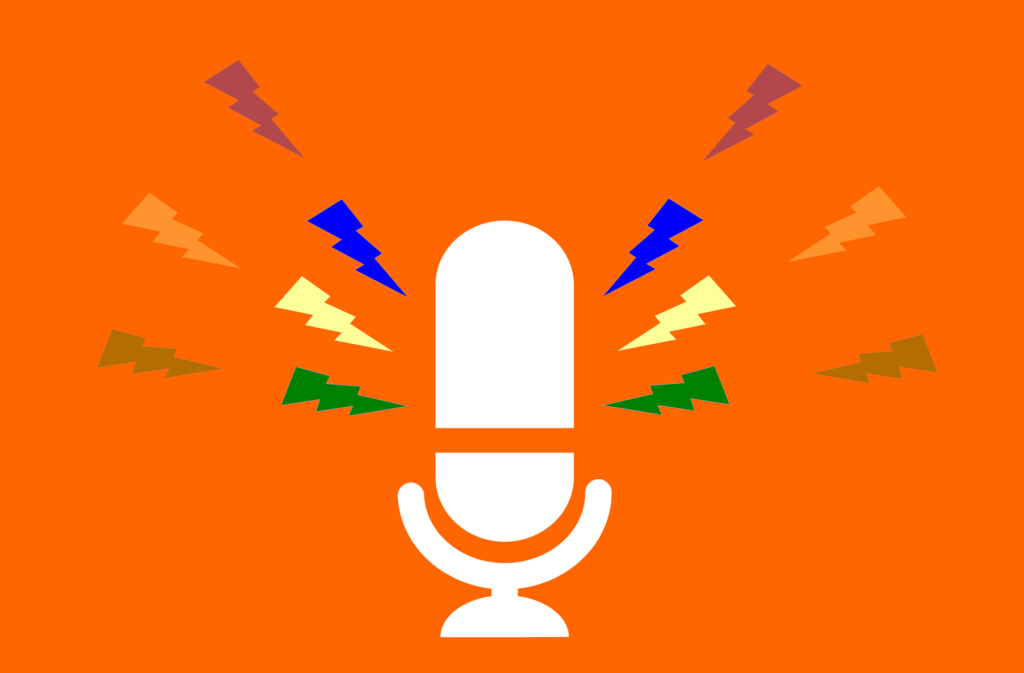 podcast microphone with emitting sound on orange background