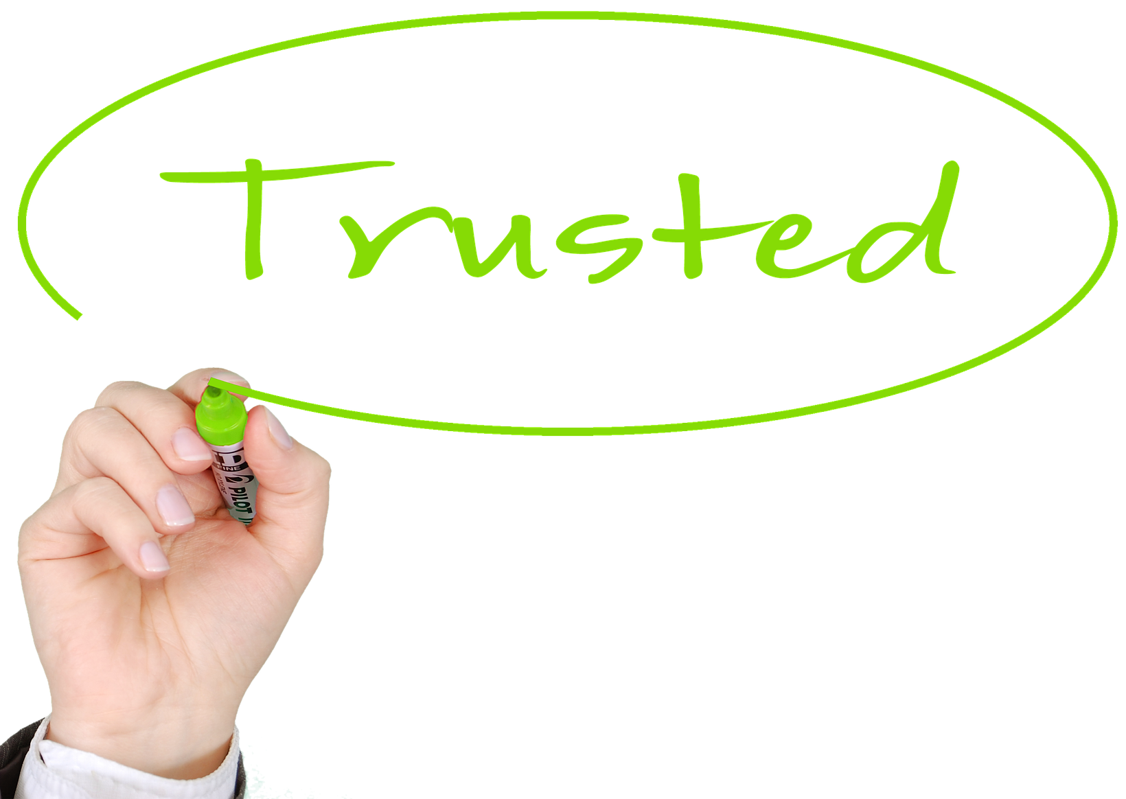 gaining visitors trust by a hand writing the word trusted in green ink