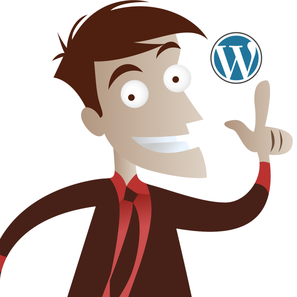 cartoon man pointing to wordpress logo