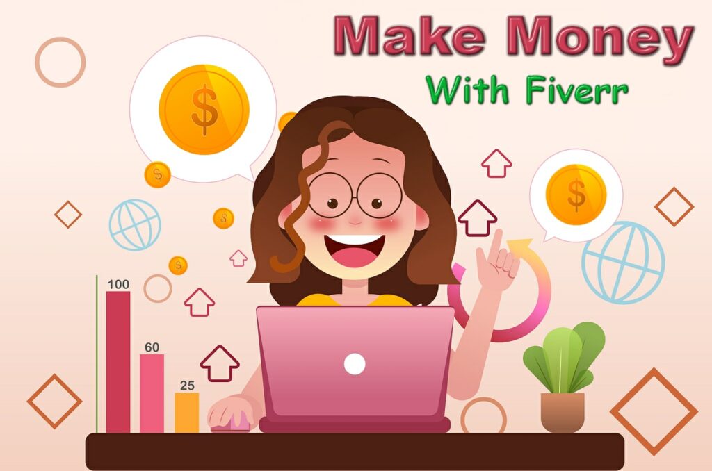 colourful illustration of female with glasses sitting at desk with laptop reading quick guide on how to make money with fiverr