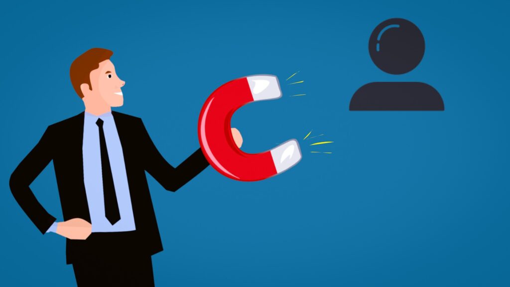 illustration of man in suit using magnet to attract leads for his products and services