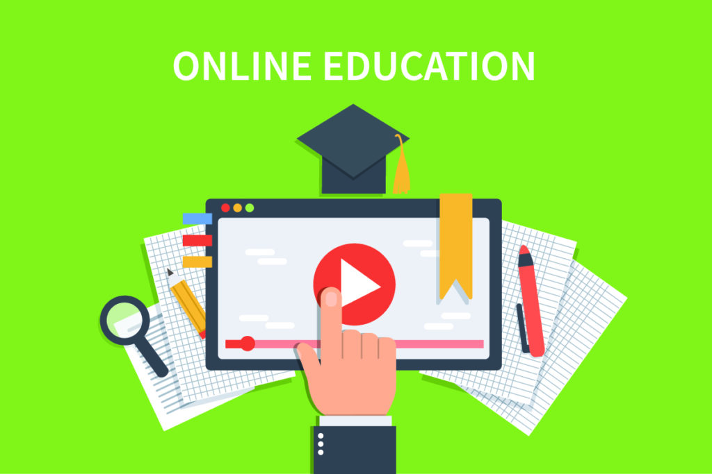 illustration of online course model with tablet and papers and pens