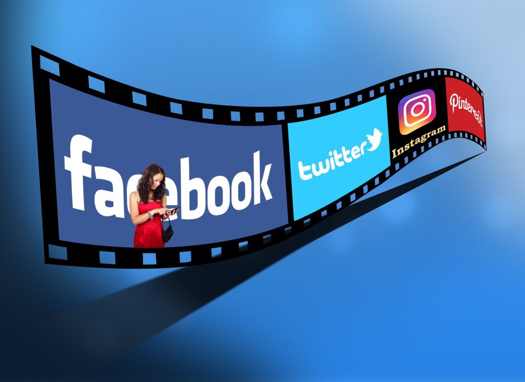 film strip with names of social media platforms on it