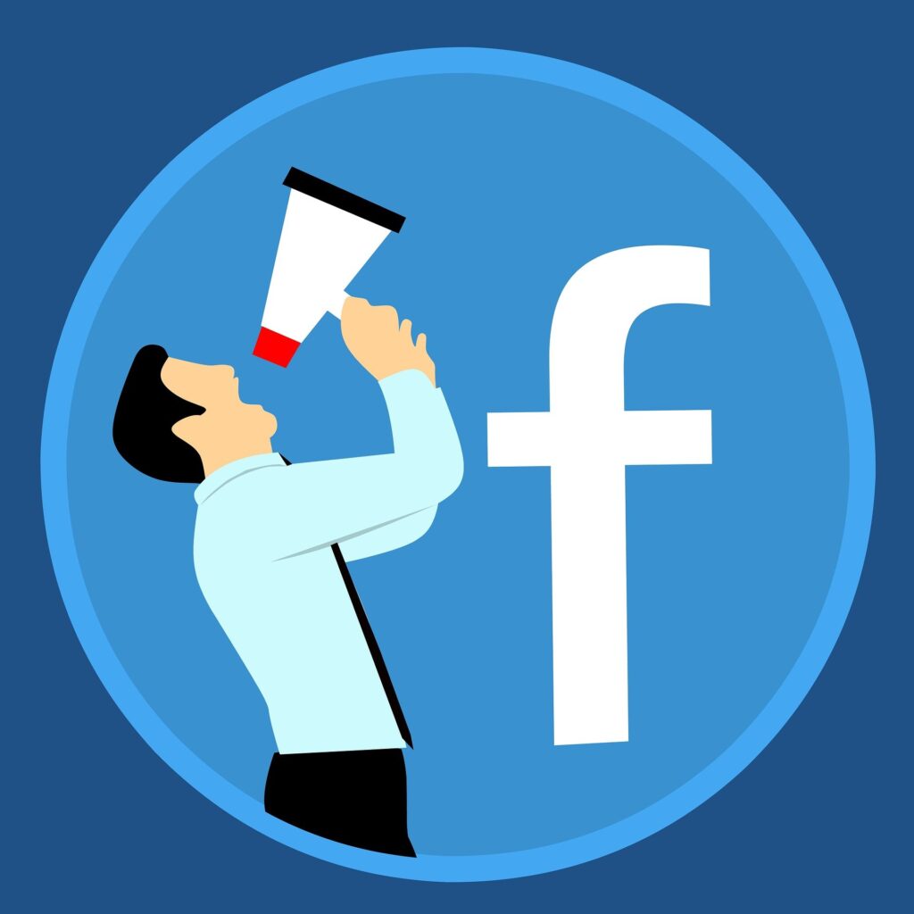 illustration of man holding loud speaker inside facebook logo shouting out how to avoid losing money with facebook ads