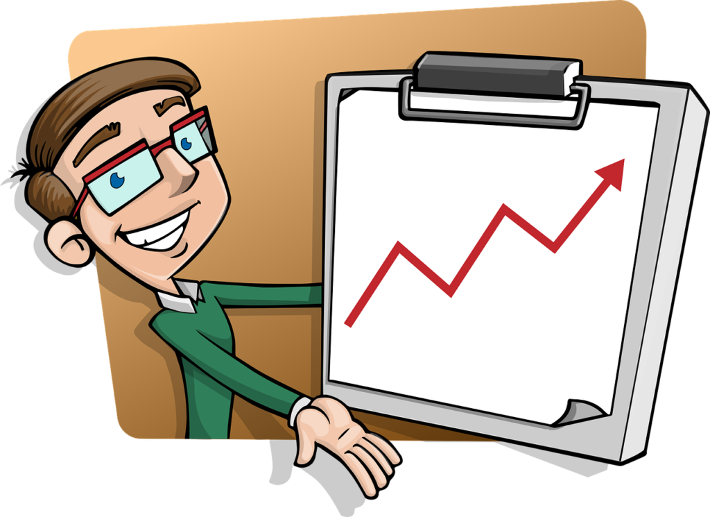 cartoon man wearing glasses holding board with graph showing profits arrow going upwards after reading 6 tips for selling to businesses