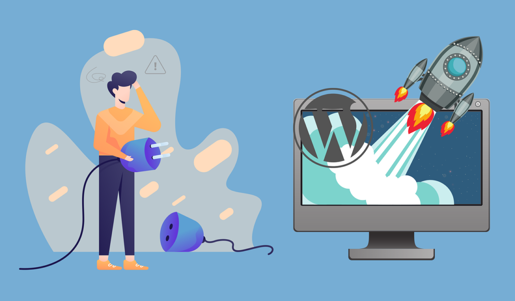 cartoon man trying out top recommended free wordpress plugins standing beside a laptop with a rocket blasting out of the screen