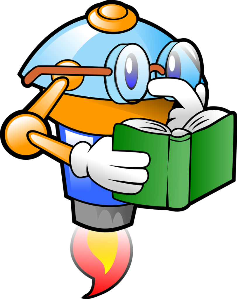 robot author wearing glasses reading green book