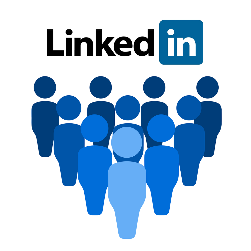 group of blue standing figures with linkedin logo above them