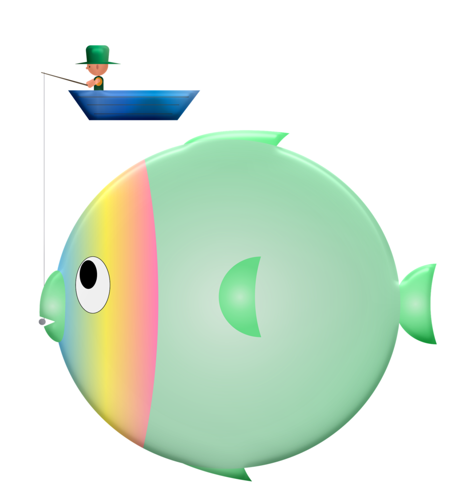 cartoon fisherman in boat fishing for big fish