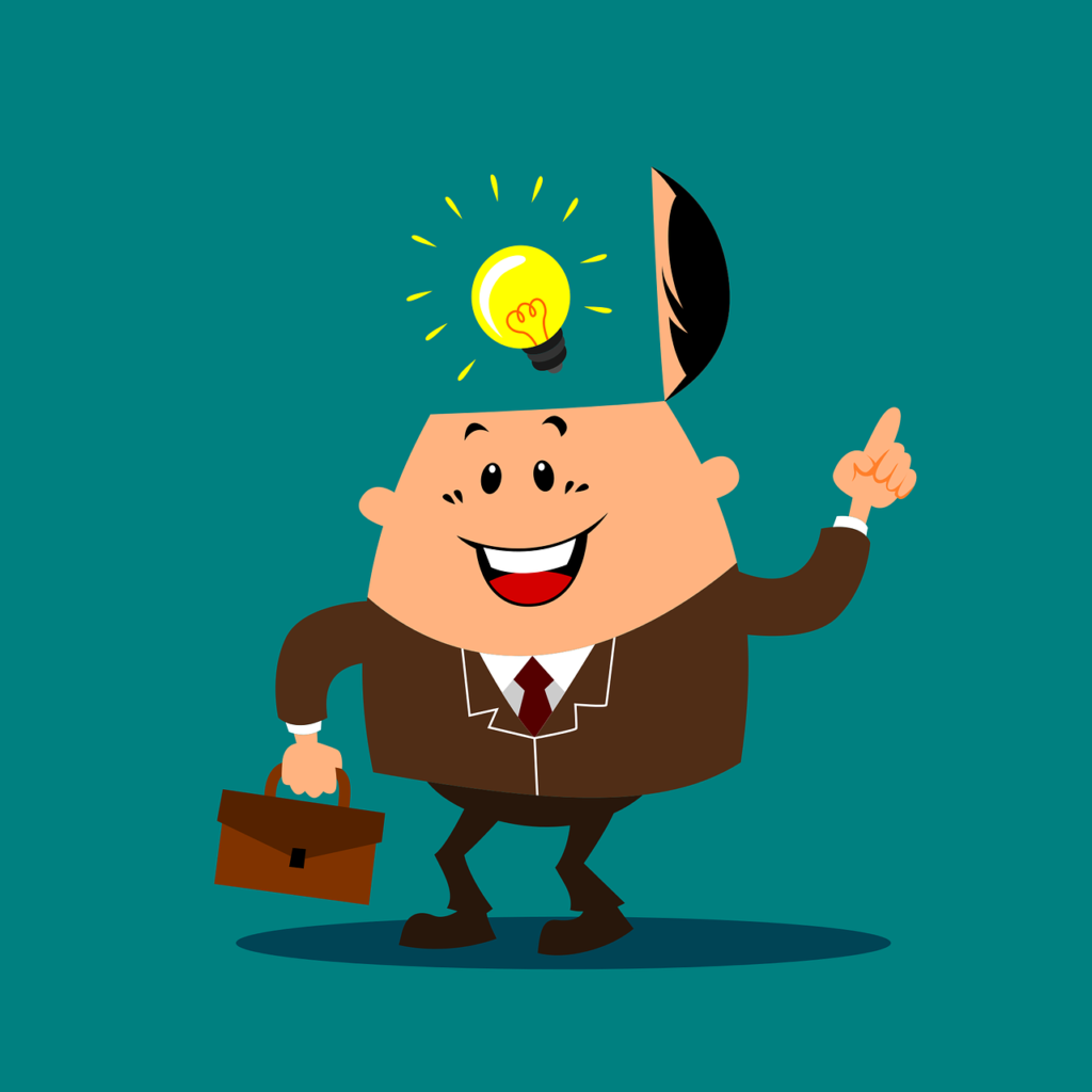 cartoon business man with lightbulb idea in his head 