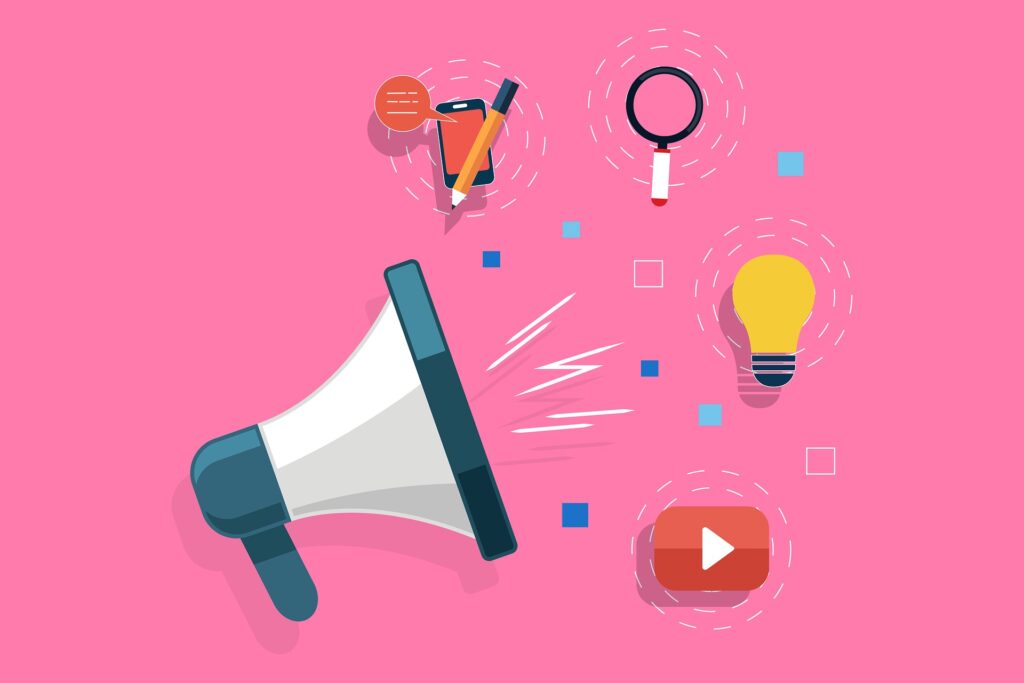 course content distribution and syndication methods depicted in a graphic showing loudspeaker, mobile device, social media button, magnifying glass and lightbulb.